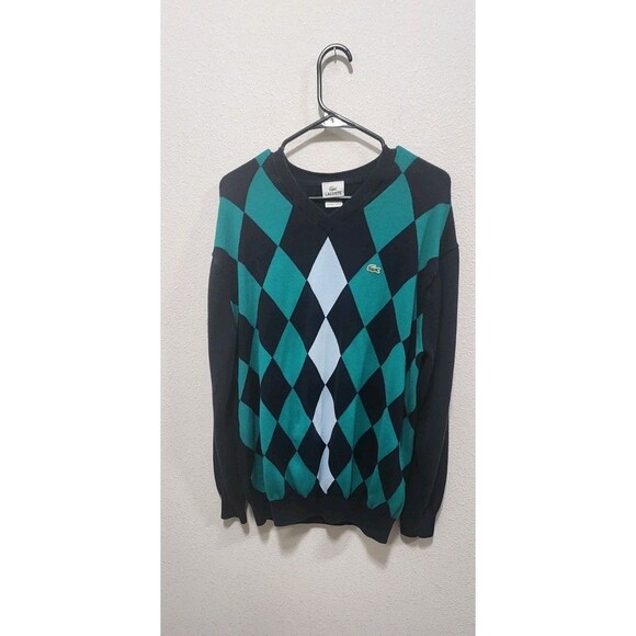 Lacoste Pullover Argyle V-Neck Sweater Men's Sz 7/L Long Sleeve Logo Blue Green - Picture 3 of 7